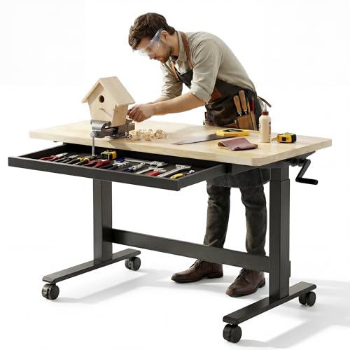 Adjustable Height Workbench with Storage Drawer and Lockable Casters