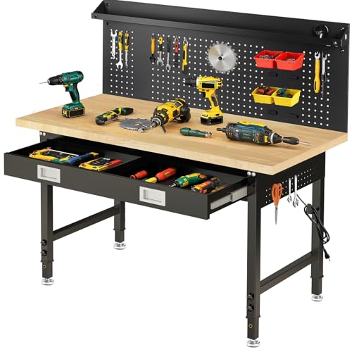 60" Adjustable Heavy-Duty Workbench with Pegboard and Power Outlets