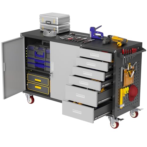 55" Rolling Workbench with 6 Drawers, Storage Cabinet and Pegboard