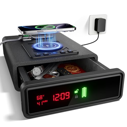 Biometric Smart Gun Safe with Wireless Charging and LED Clock