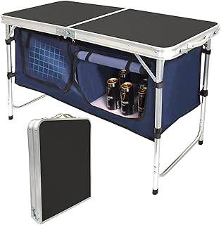 Aluminum Folding Camping Table with Storage Compartment, Adjustable Height, Black