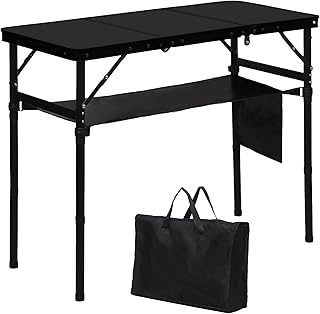 Folding Camping Table - 3ft, Adjustable Height, with Storage Bag, Black