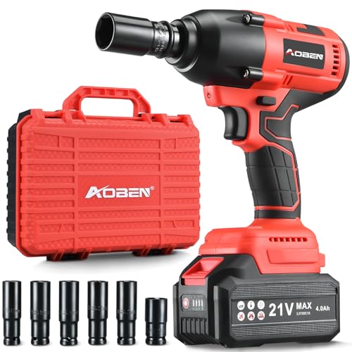 AOBEN Cordless 1/2 Inch Impact Wrench with 4.0Ah Battery and 6 Sockets