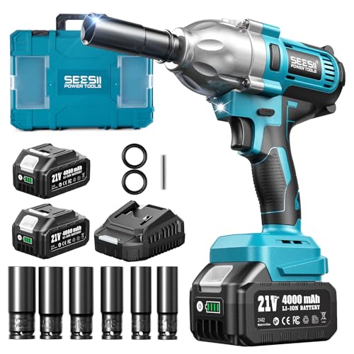 Seesii 1/2" Cordless Brushless Impact Wrench with Dual Batteries and Socket Set