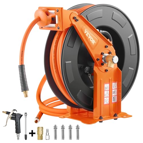 Retractable Air Hose Reel with Dual Arms and 65ft Hybrid Hose