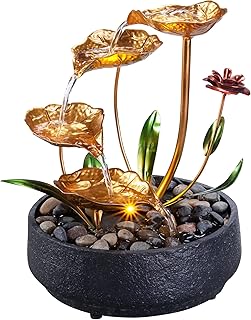 Tabletop Metal Lotus Fountain - Zen Home Decor, Yellow Light