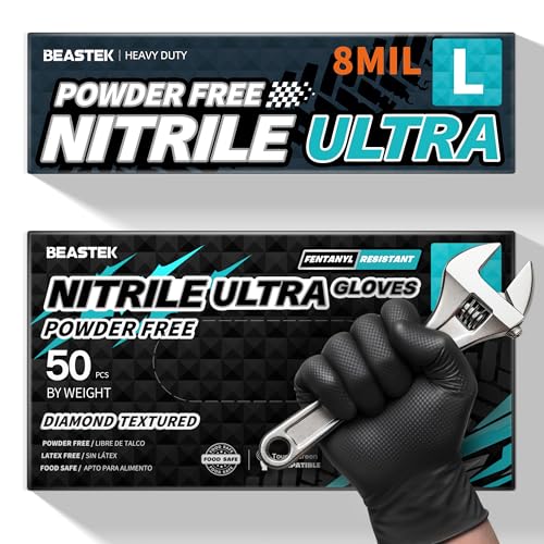 Beastek Heavy-Duty Black Nitrile Disposable Gloves - 50 Pack Large