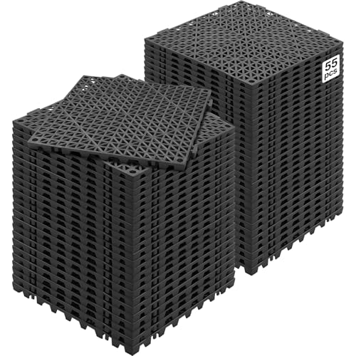 Interlocking Drainage Floor Tiles - 55PCS Black, 12" x 12", Non-Slip PVC Tiles for Wet Areas