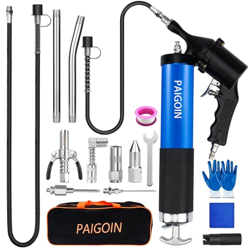 Heavy-Duty Pneumatic Grease Gun Kit with Flex Hoses and Multiple Attachments