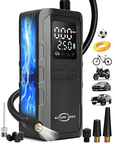 Nature Hero Portable Cordless Tire Inflator with Pressure Gauge and LED Light