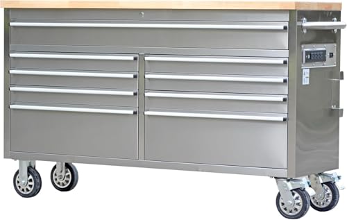 61-Inch Mobile Tool Chest with 9 Drawers and Solid Rubber Wood Top