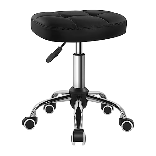 Height-Adjustable Black Minimalist Swivel Rolling Stool with Square Seat