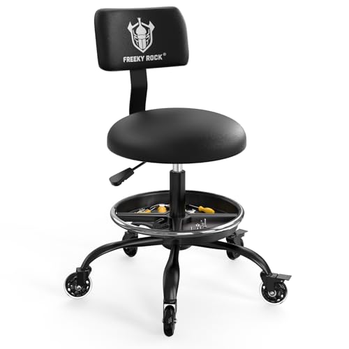 Adjustable Rolling Shop Stool with Backrest and Storage Tray