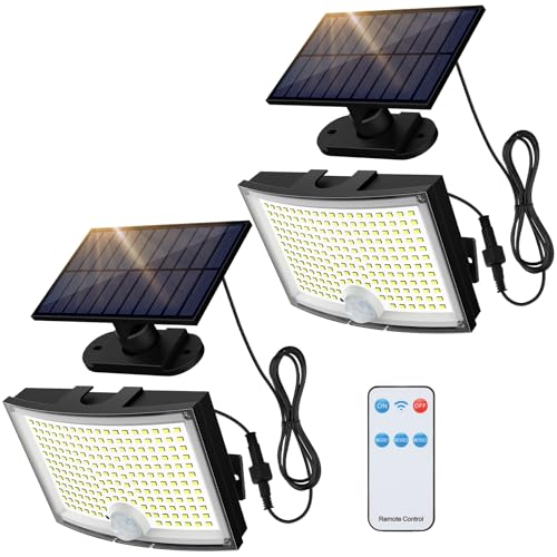 Solar Motion Sensor Flood Lights with Remote Control, 202 LEDs, 2-Pack