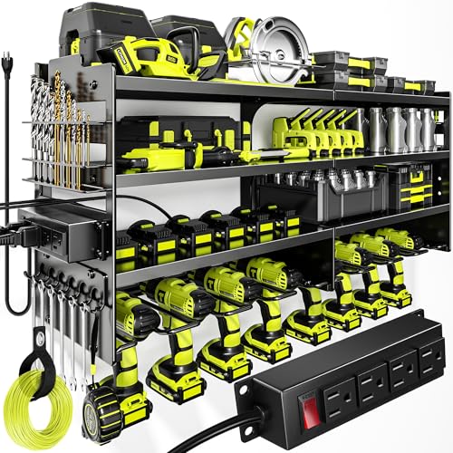 Heavy-Duty Wall-Mounted Power Tool Organizer with Charging Station