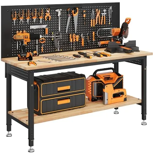 CAMMOO 60in Workbench with Pegboard Storage and Power Strip