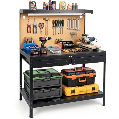 Pterying Garage Workbench with LED Light and Pegboard