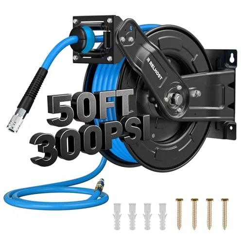 Relhost 50ft x 3/8in Retractable Air Hose Reel 300PSI