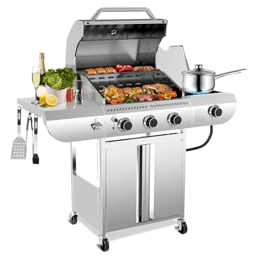 Electactic 34,000 BTU 3-Burner Propane Grill with Side Burner