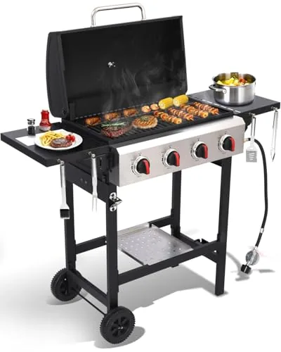 GRILL DEPOTS 4-Burner Propane Grill with Cast Iron Griddle
