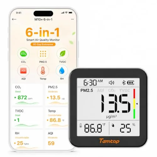 Temtop M10+ 6-in-1 CO2 and Air Quality Monitor