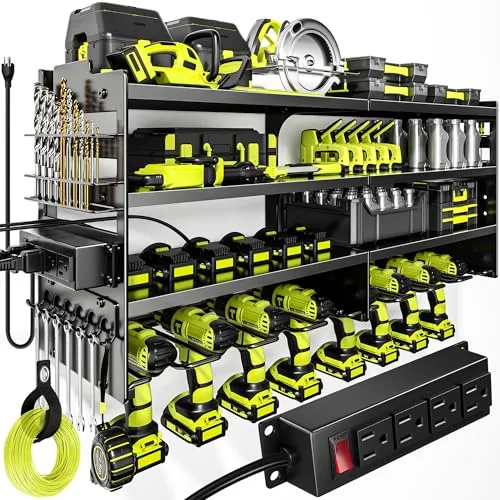 POKIPO 4-Tier Wall Mount Tool Rack with Charging Station