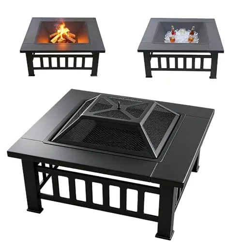 Quilushey 32-Inch 3-in-1 Square Fire Pit Table