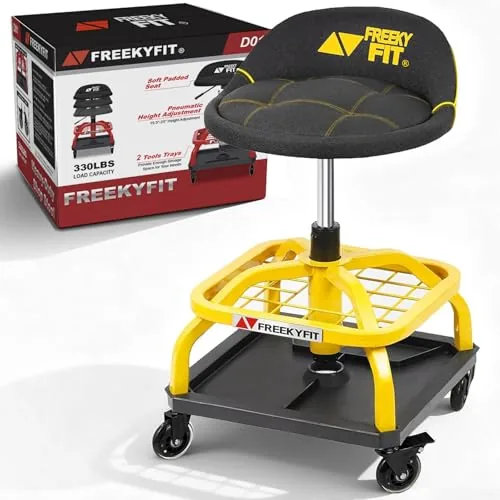 FreekyFit Rolling Mechanic Stool with Backrest and Tool Trays