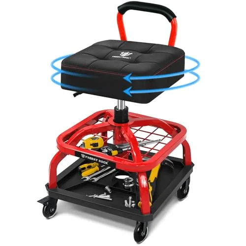FREEKYROCK Rolling Shop Stool with Backrest and Tool Tray
